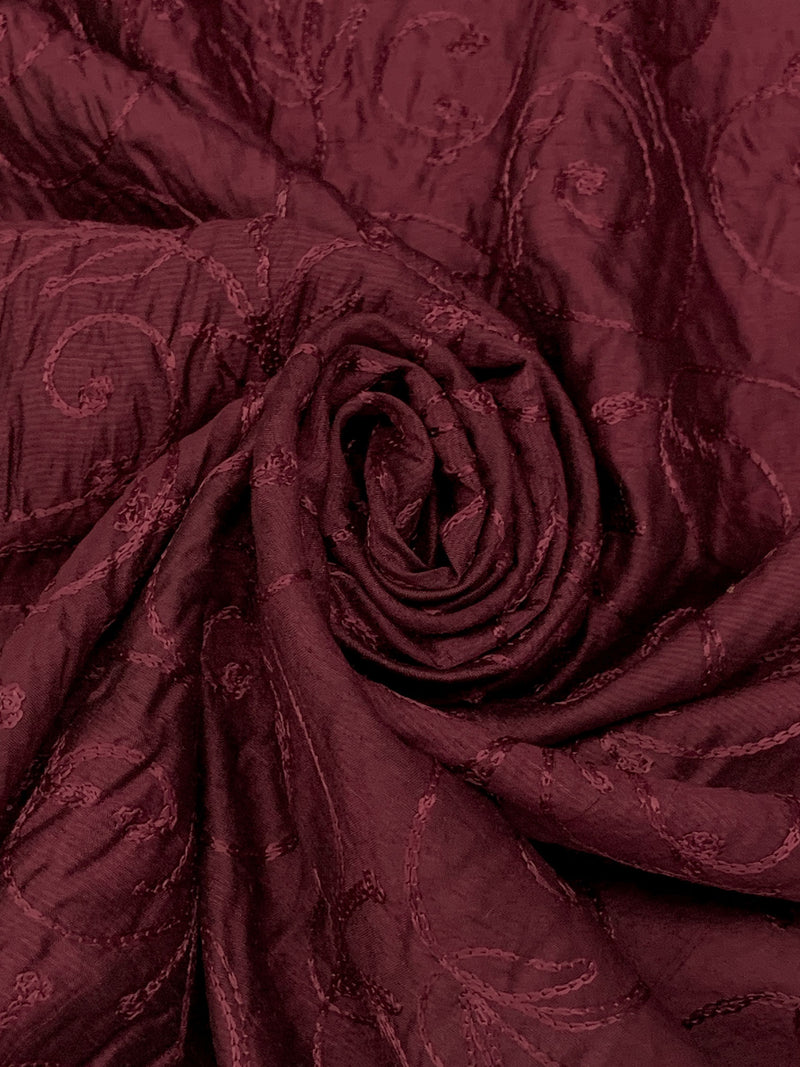Antique Burgundy 100% Silk Floral Scrolls Embroidered Woven 42W