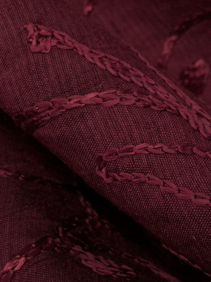 Antique Burgundy 100% Silk Floral Scrolls Embroidered Woven 42W