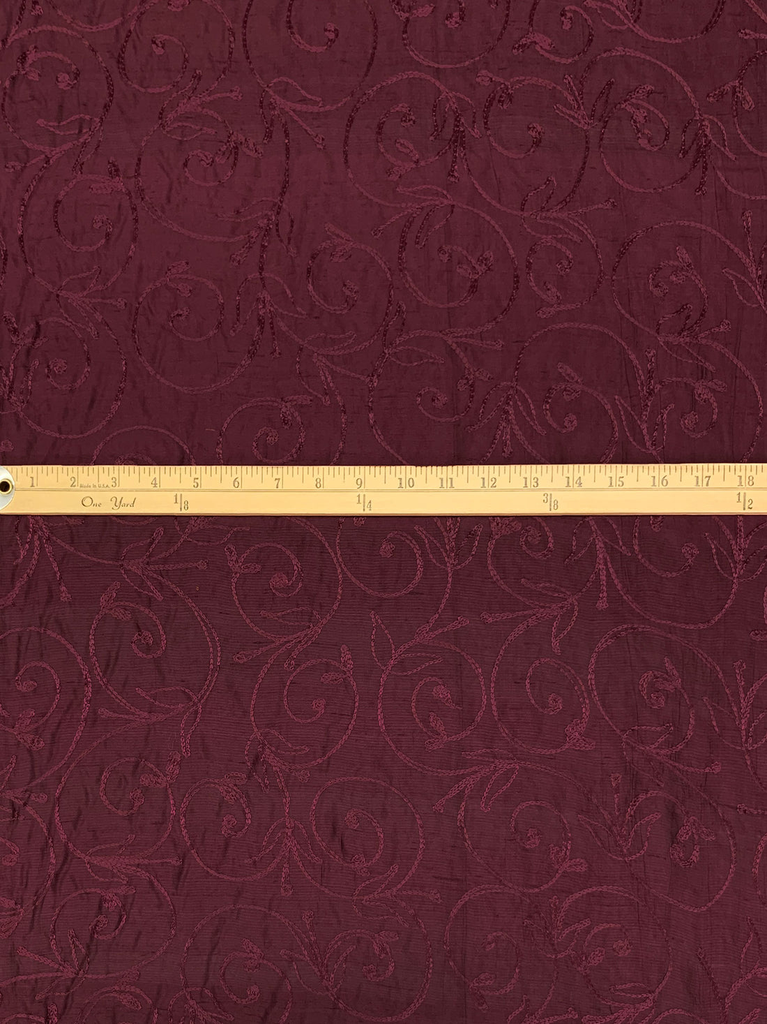 Antique Burgundy 100% Silk Floral Scrolls Embroidered Woven 42W
