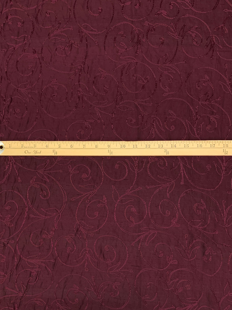 Antique Burgundy 100% Silk Floral Scrolls Embroidered Woven 42W