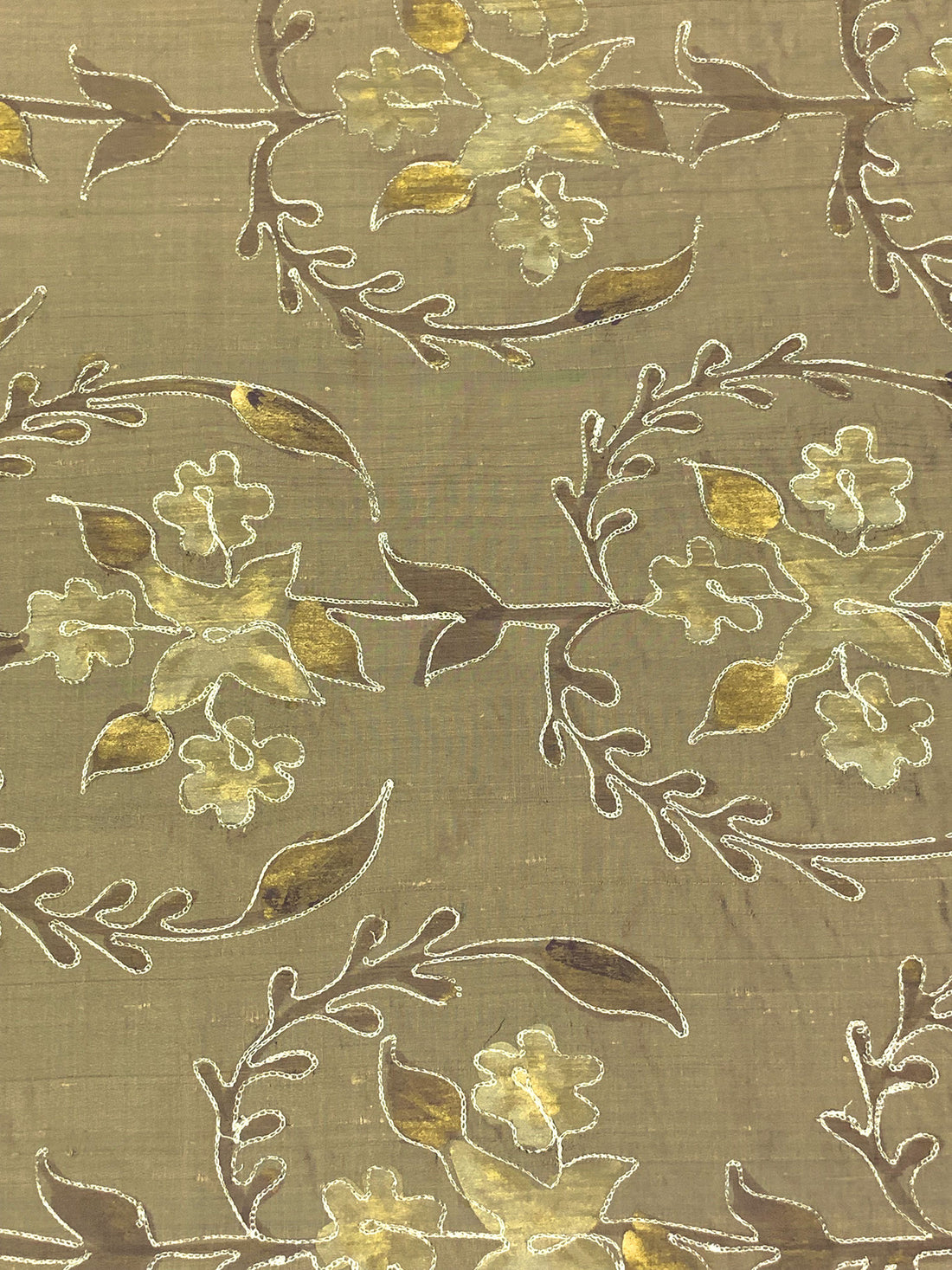Muted Bronze/Vegas Gold/Metallic Gold 100% Silk Hand-Dyed Leaf Embroidered Dupioni 42W