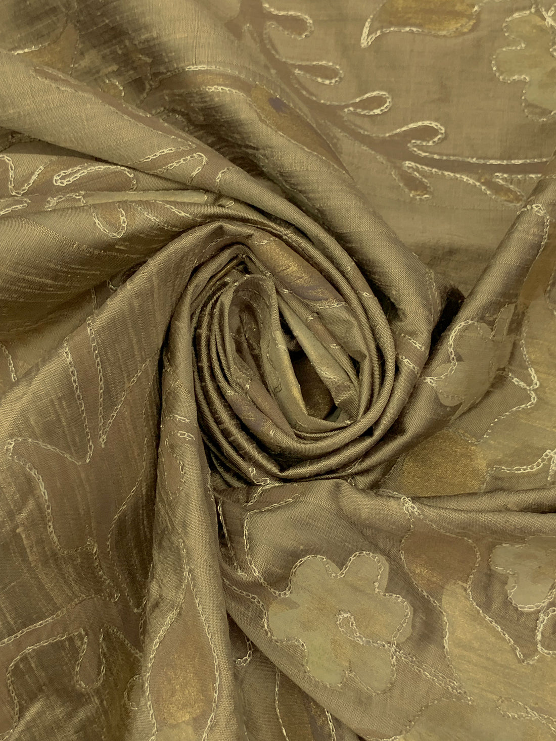 Muted Bronze/Vegas Gold/Metallic Gold 100% Silk Hand-Dyed Leaf Embroidered Dupioni 42W