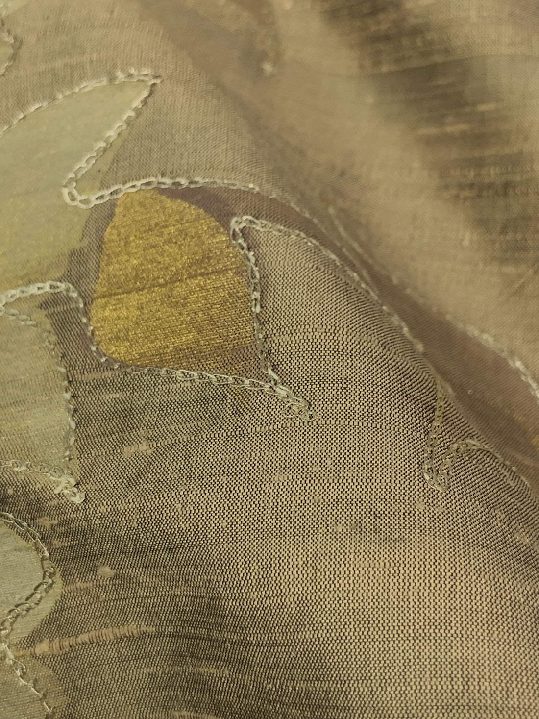 Muted Bronze/Vegas Gold/Metallic Gold 100% Silk Hand-Dyed Leaf Embroidered Dupioni 42W