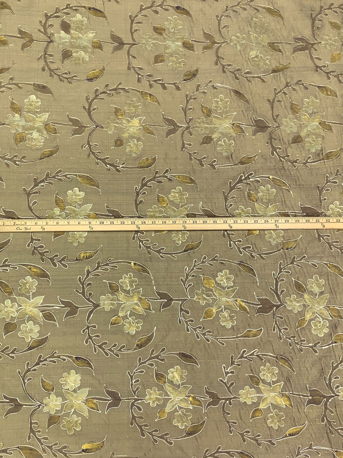 Muted Bronze/Vegas Gold/Metallic Gold 100% Silk Hand-Dyed Leaf Embroidered Dupioni 42W