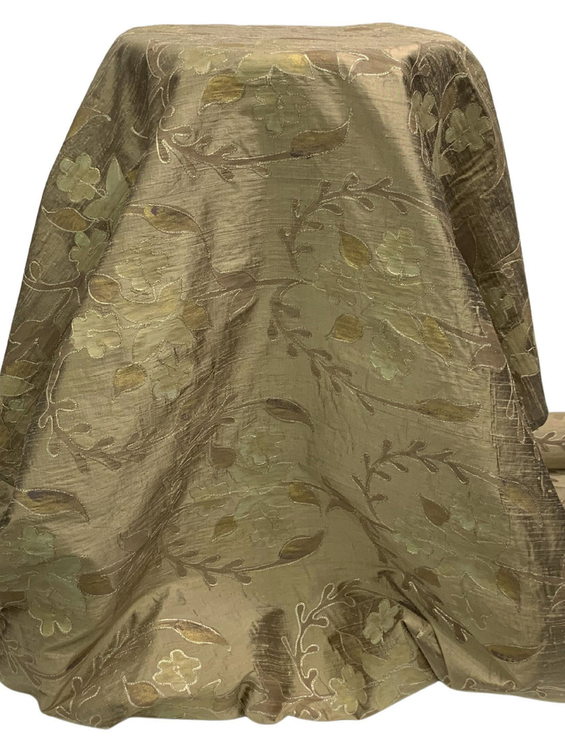 Muted Bronze/Vegas Gold/Metallic Gold 100% Silk Hand-Dyed Leaf Embroidered Dupioni 42W