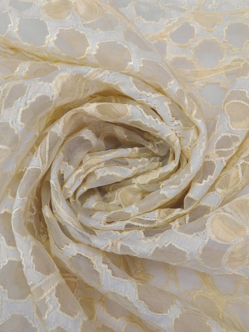 Beige/Cream 100% Silk Embroidered Floral On Geometric Organza 42W
