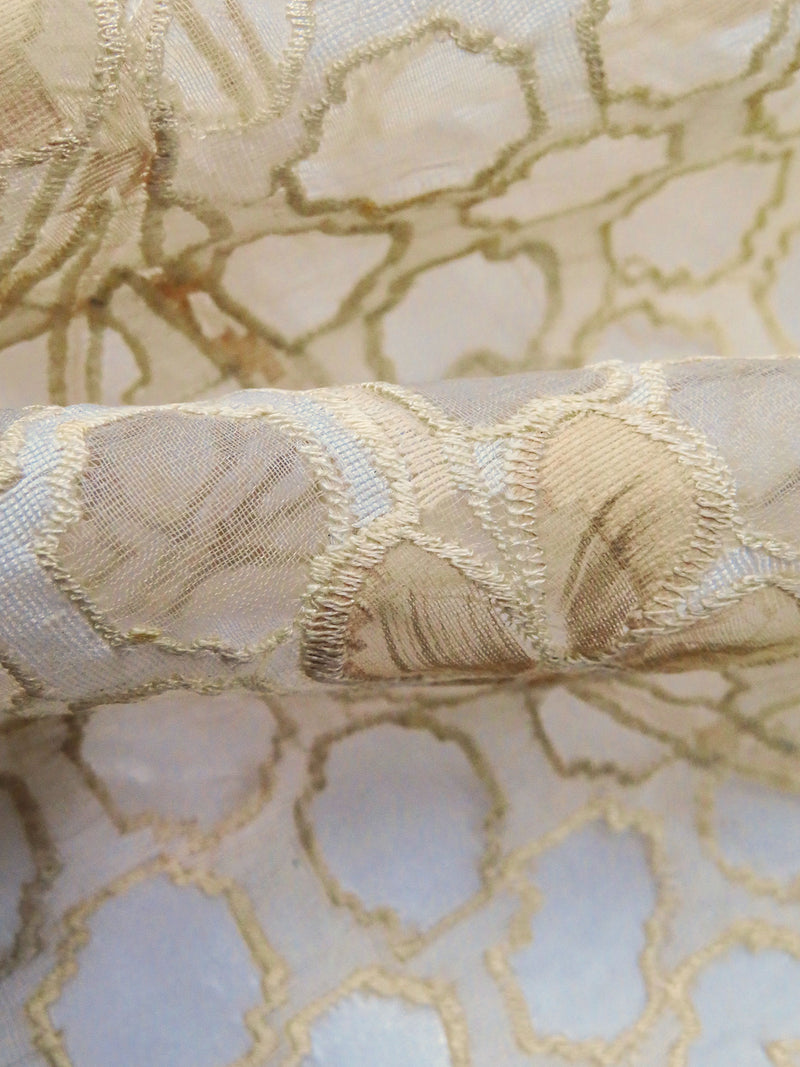 Beige/Cream 100% Silk Embroidered Floral On Geometric Organza 42W
