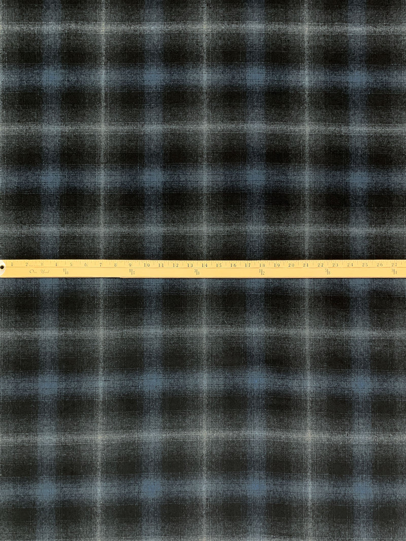 Raven Black/Steel Blue/Pale Gray Wool/Polyester Plaid Flannel Coating - NY Designer - 59W