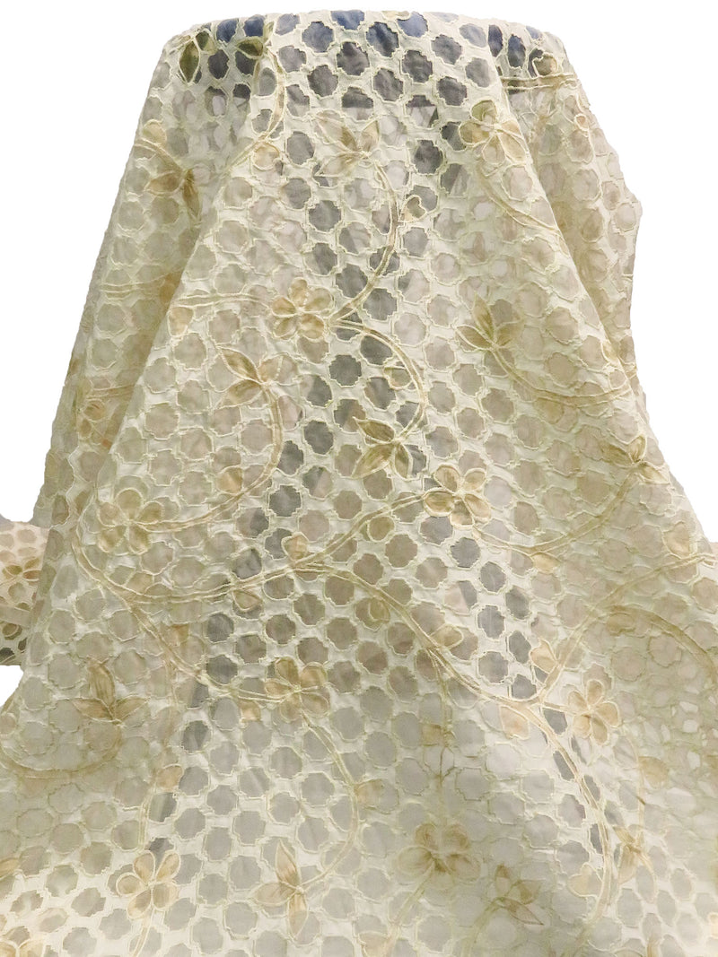 Beige/Cream 100% Silk Embroidered Floral On Geometric Organza 42W