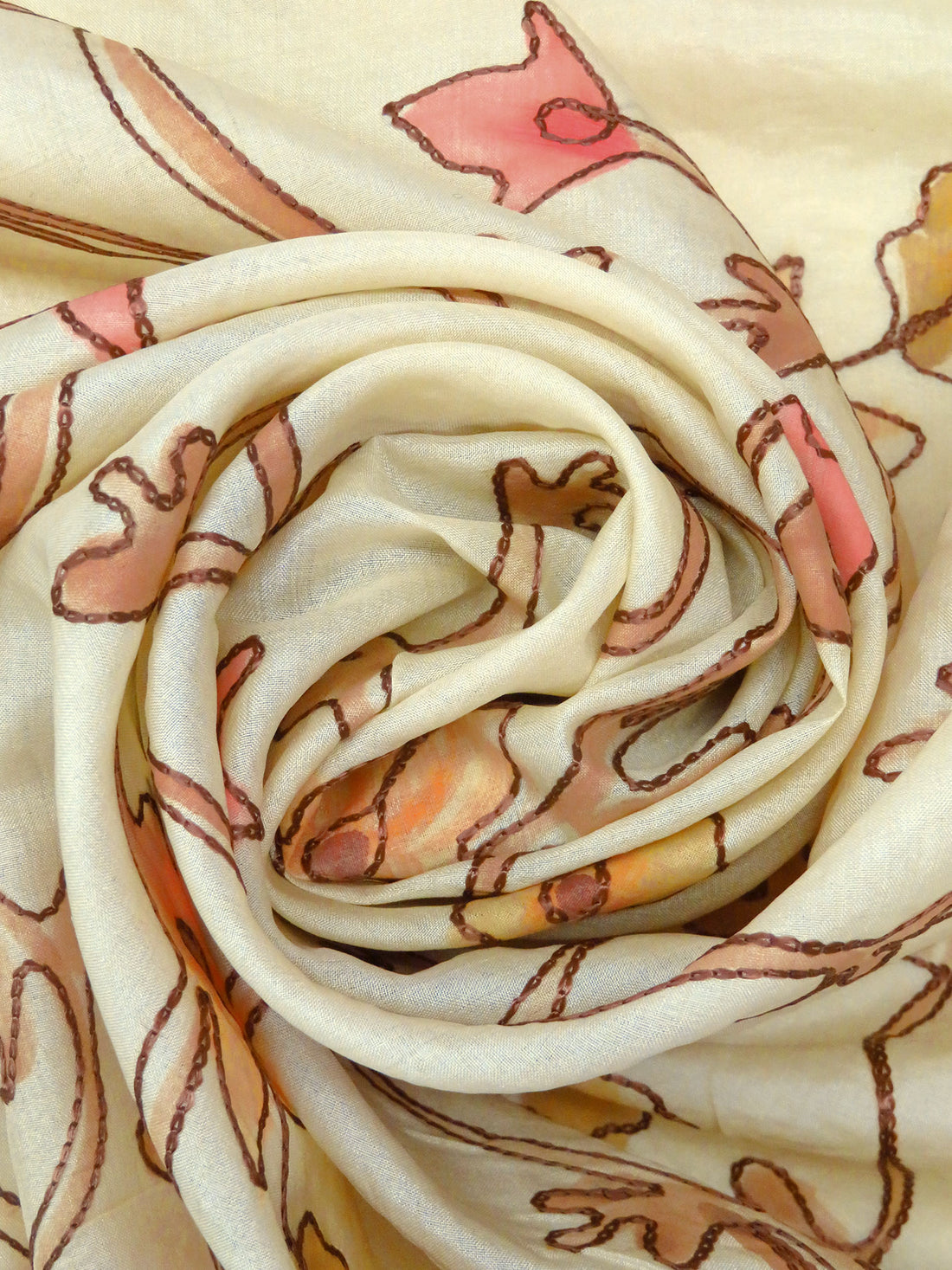 Beige/Raw Sienna/Apricot/Multi 100% Silk Embroidered Painterly Floral Vines Organza 42W