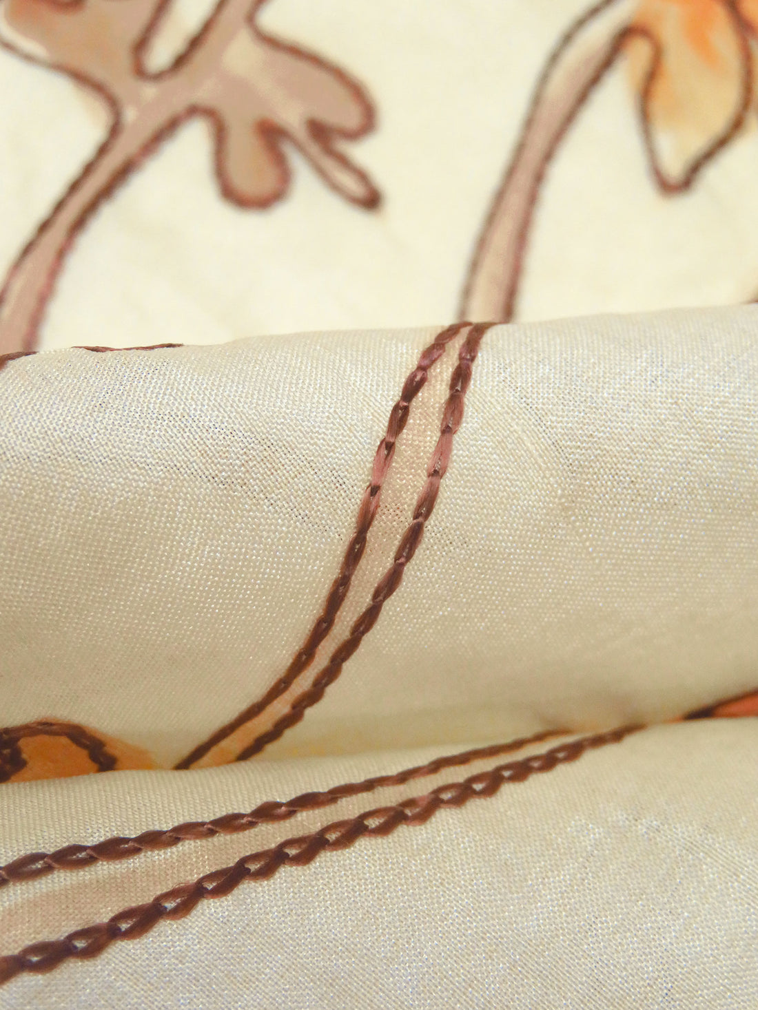 Beige/Raw Sienna/Apricot/Multi 100% Silk Embroidered Painterly Floral Vines Organza 42W