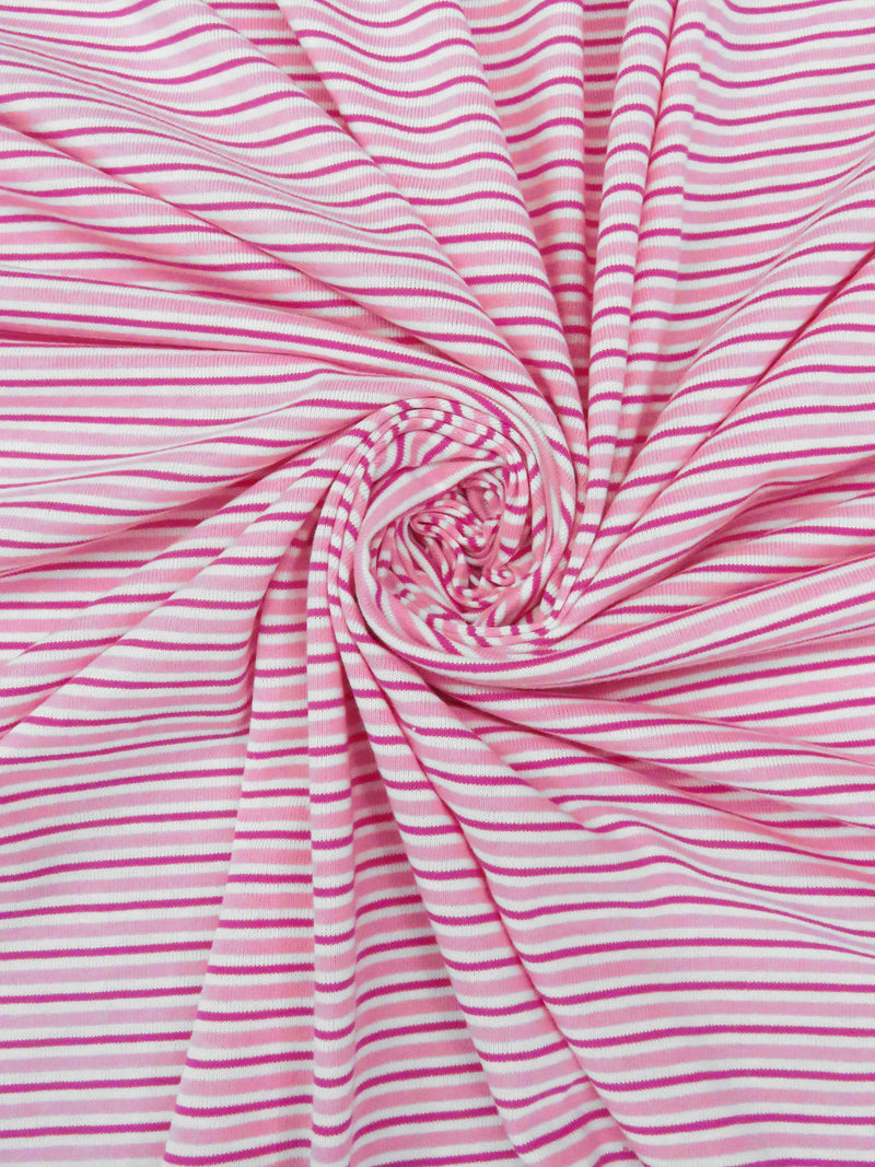 Tickle Me Pink/Light Jazzberry/White Cotton/Polyester Horizontal Stripe Weave Jersey Knit 60W