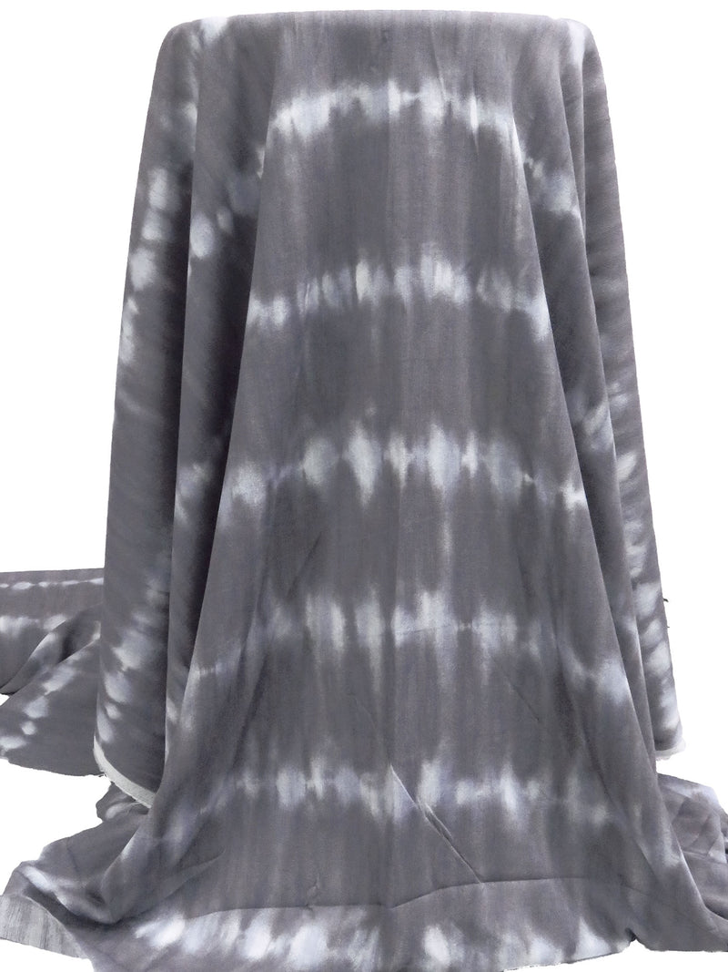 Dim Gray/White/Light Steel Blue 100% Rayon Tie-Dye Look Stripe Print Crinkle Challis 50W