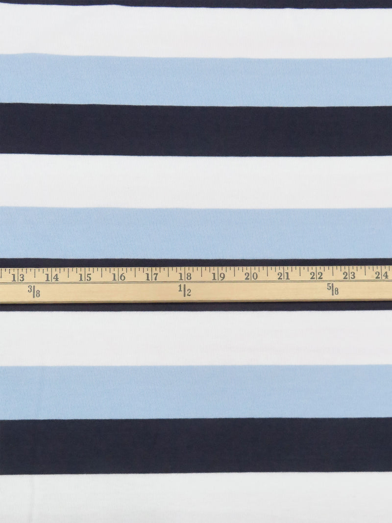 Navy/White/Soft Carolina Blue Cotton/Polyester Horizontal Yarn-Dyed Stripe Jersey Knit 56W