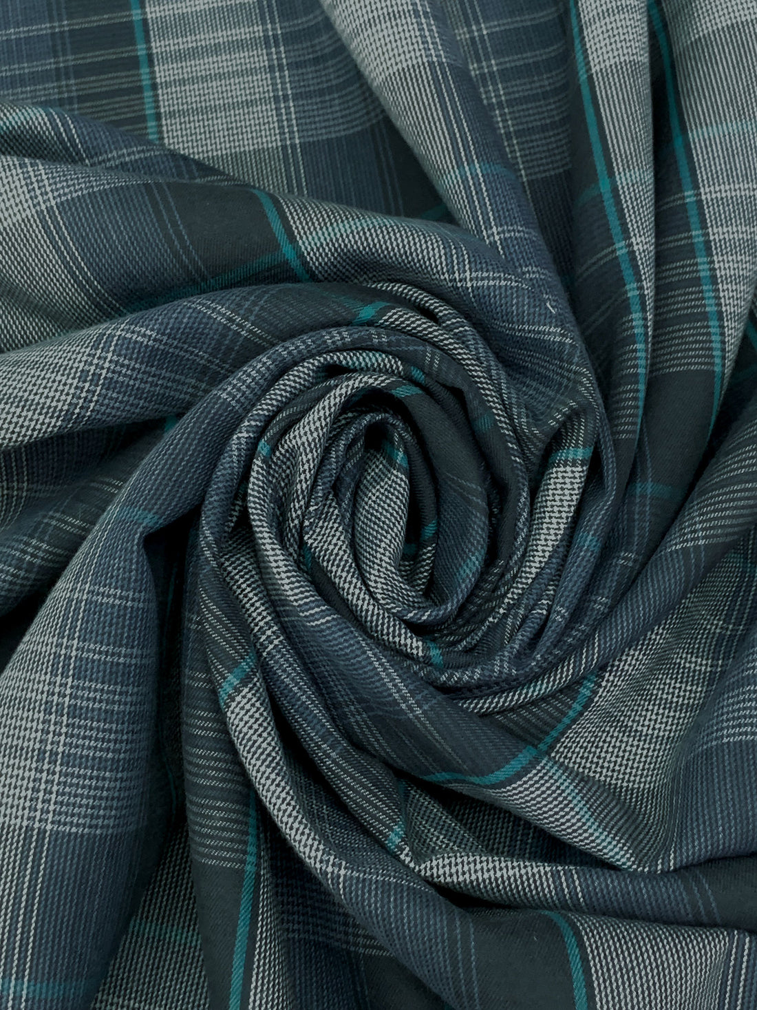 Dark Slate/Teal Blue/Off-White 100% Rayon Plaid Flannel Shirting - NY Designer - 58W