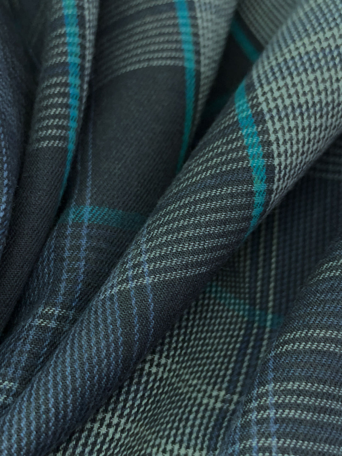 Dark Slate/Teal Blue/Off-White 100% Rayon Plaid Flannel Shirting - NY Designer - 58W