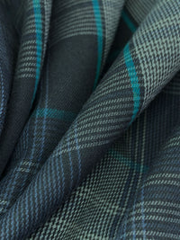 Dark Slate/Teal Blue/Off-White 100% Rayon Plaid Flannel Shirting - NY Designer - 58W