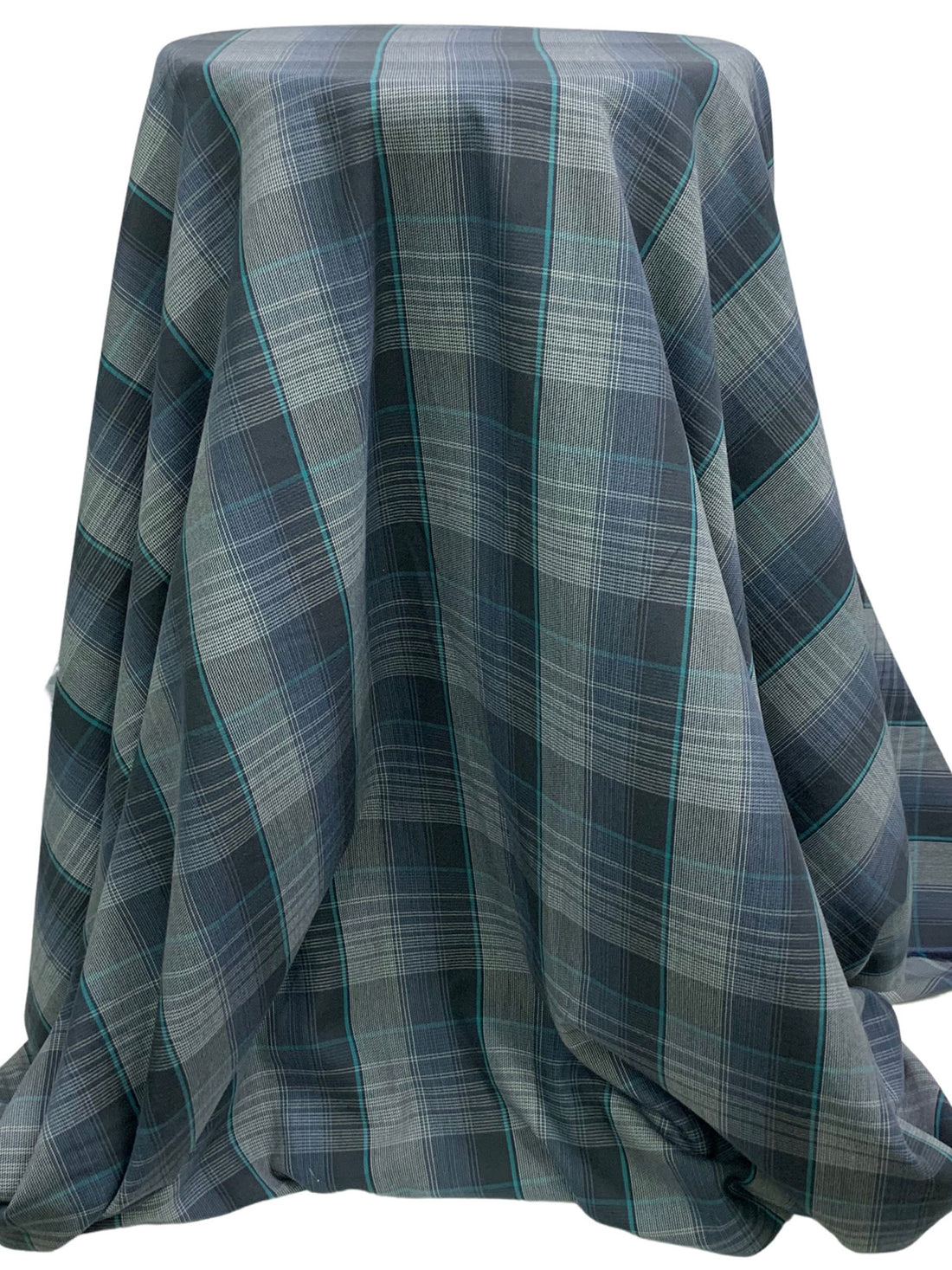 Dark Slate/Teal Blue/Off-White 100% Rayon Plaid Flannel Shirting - NY Designer - 58W