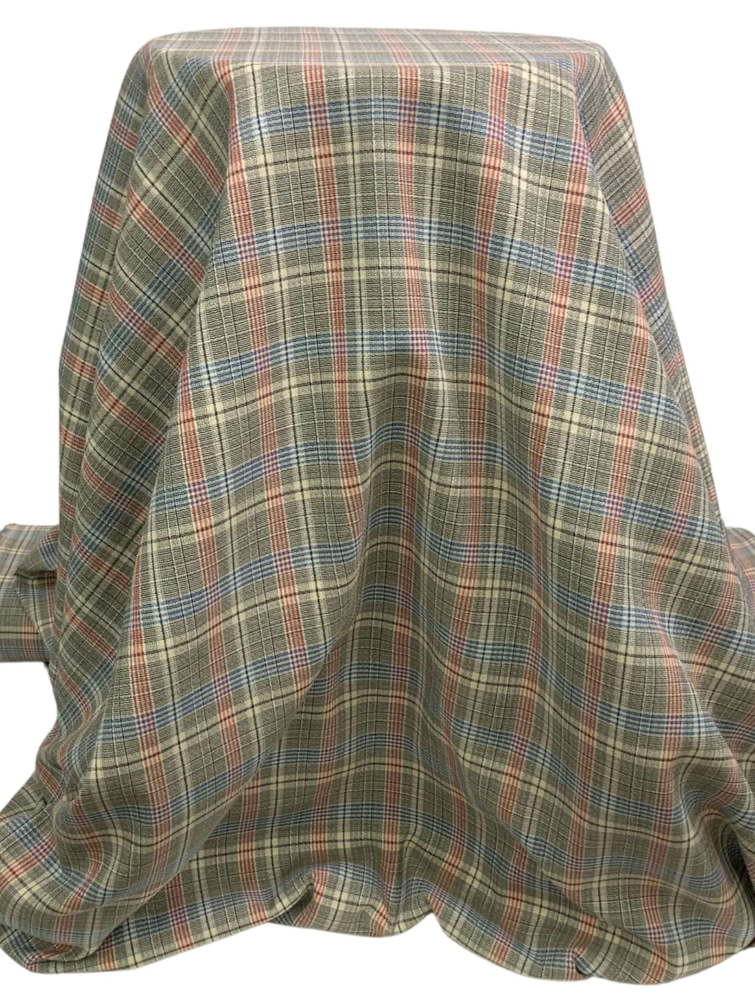Cream/Sea Blue/Multi Cotton/Lycra Textured Plaid Stretch Suiting - NY Designer - 60W