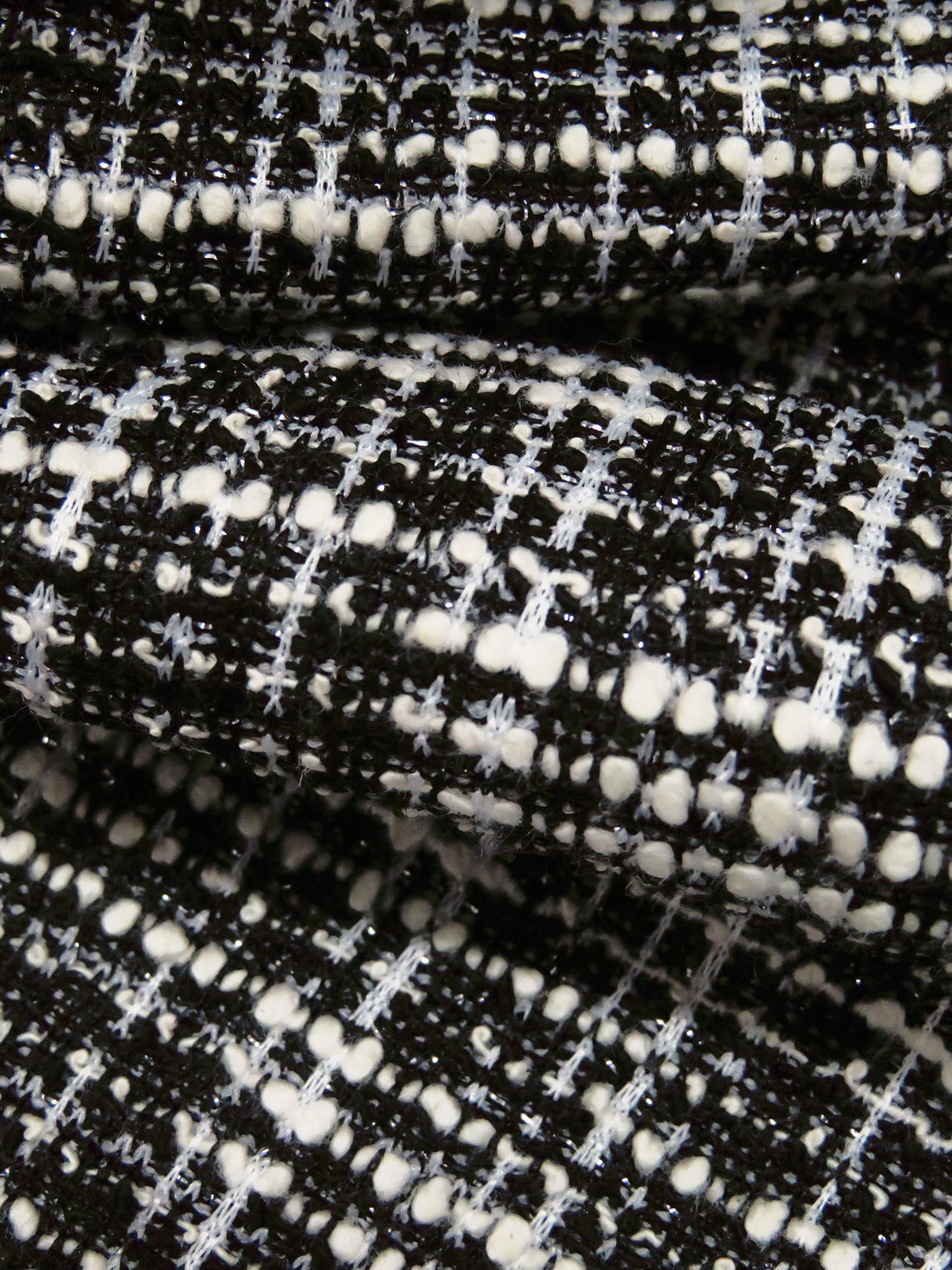 Black/Off-White/Silver Polyester/Metallic/Lycra Novelty Weave Boucle Sweater Knit 63W