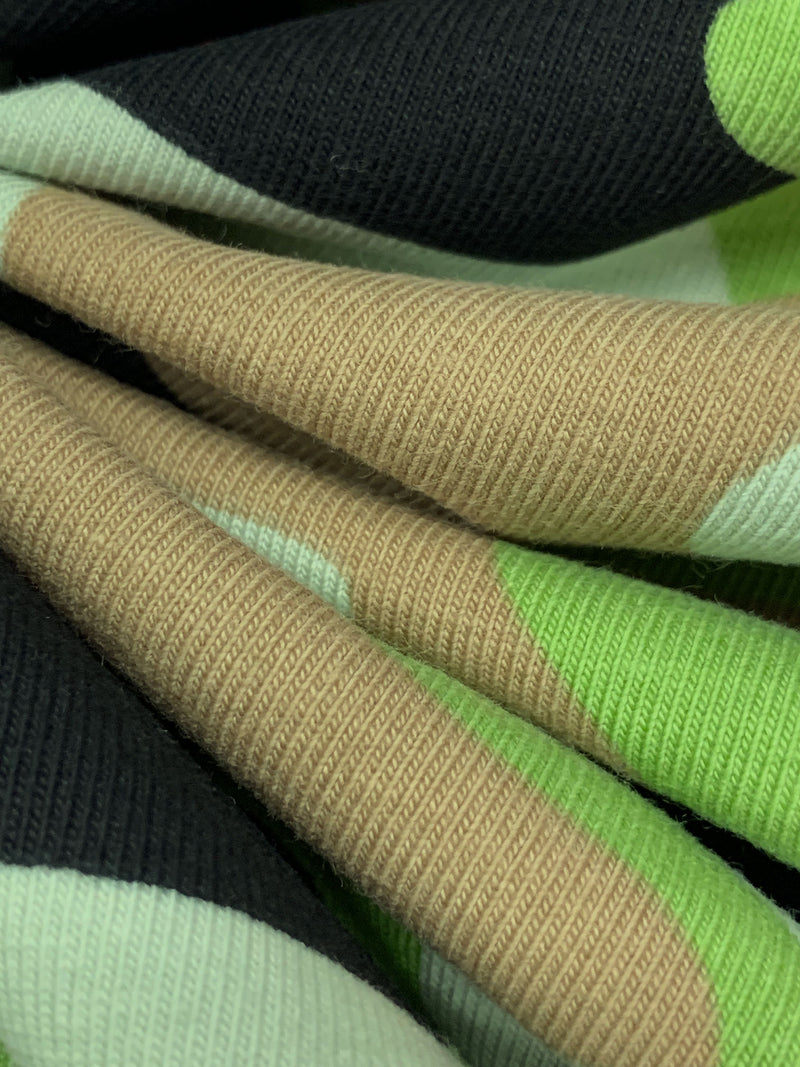 Palm Green/Black/Soft Laurel Green/Latte Brown Cotton/Lycra Camouflage Print Jersey Knit 60W