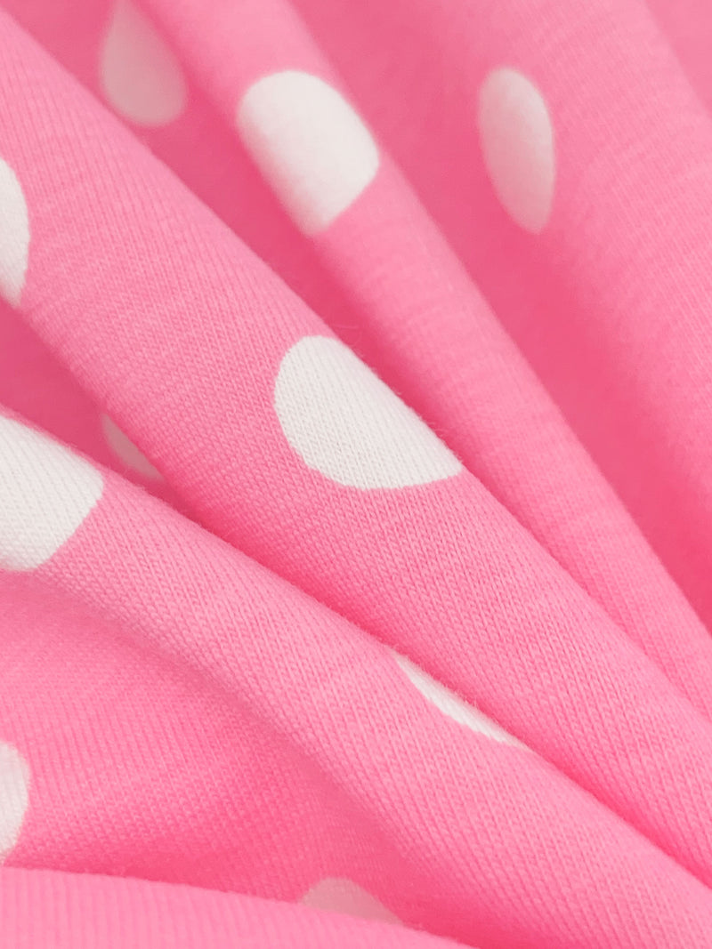 Flamingo Pink/White Cotton/Lycra Polka Dot Print Jersey Knit 58W