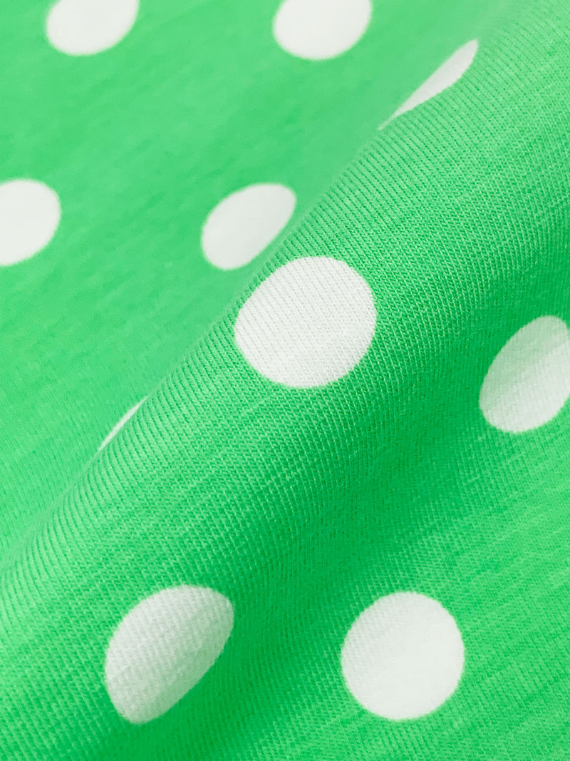 Iguana Green/White Cotton/Lycra Polka Dot Print Jersey Knit 58W