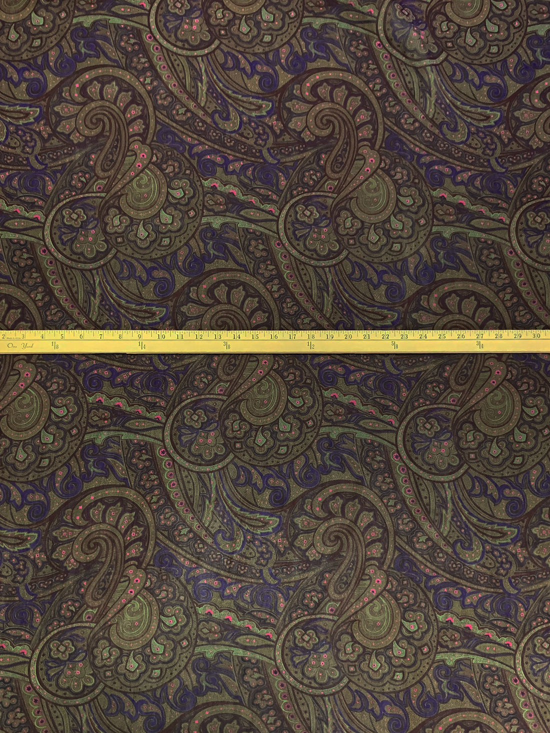 Coffee/Royal Purple/Dark Olive Green 100% Rayon Ornate Paisley Scrolls Print Georgette 54W