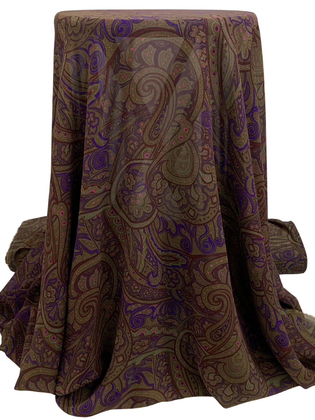 Coffee/Royal Purple/Dark Olive Green 100% Rayon Ornate Paisley Scrolls Print Georgette 54W