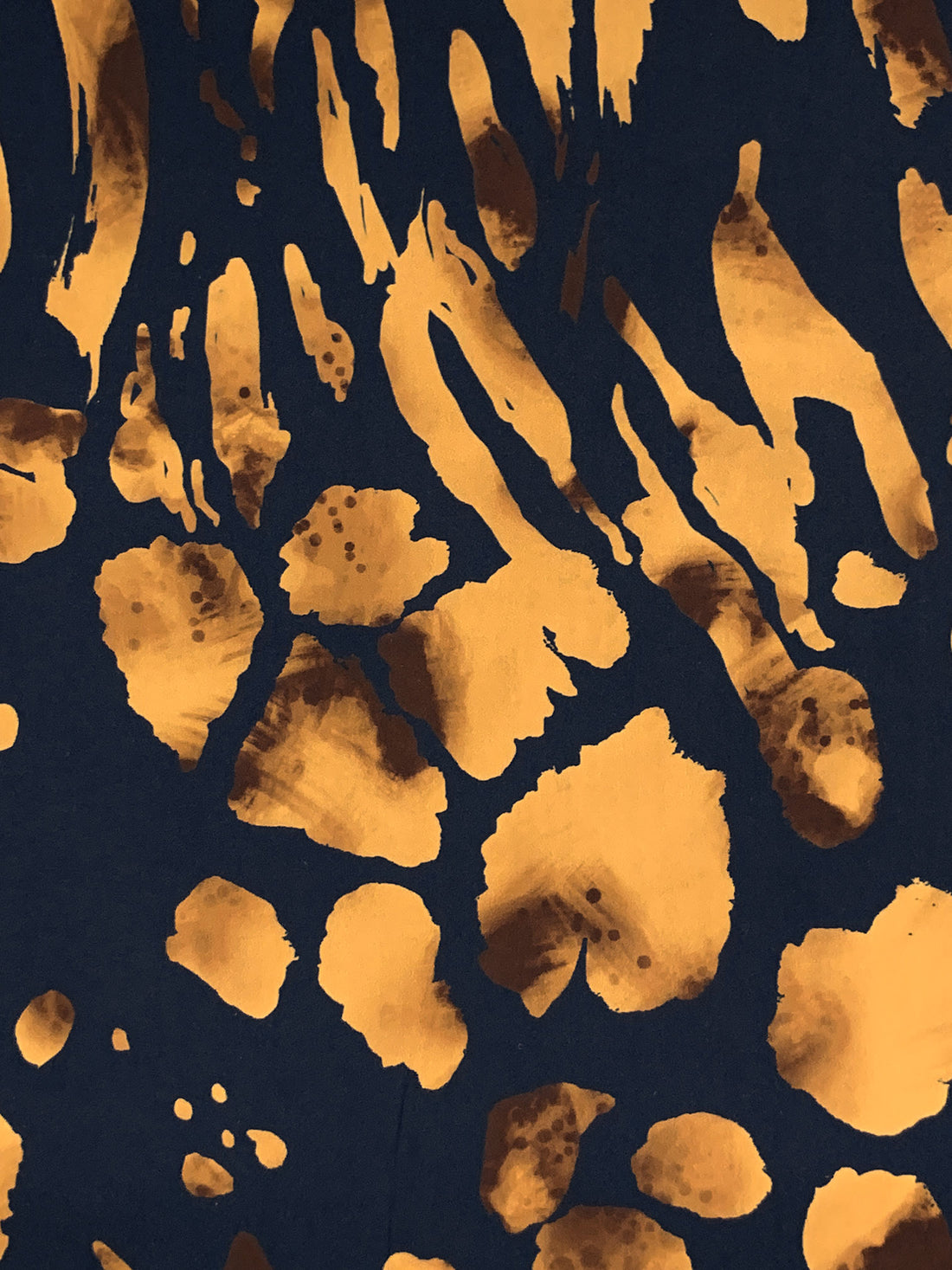 Midnight Prussian Blue/Aztec Gold 100% Polyester Abstract Print Charmeuse - Imported From Italy - 58W