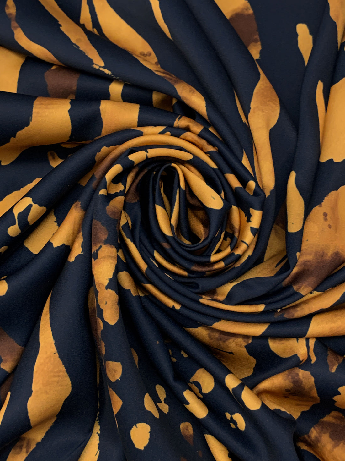 Midnight Prussian Blue/Aztec Gold 100% Polyester Abstract Print Charmeuse - Imported From Italy - 58W
