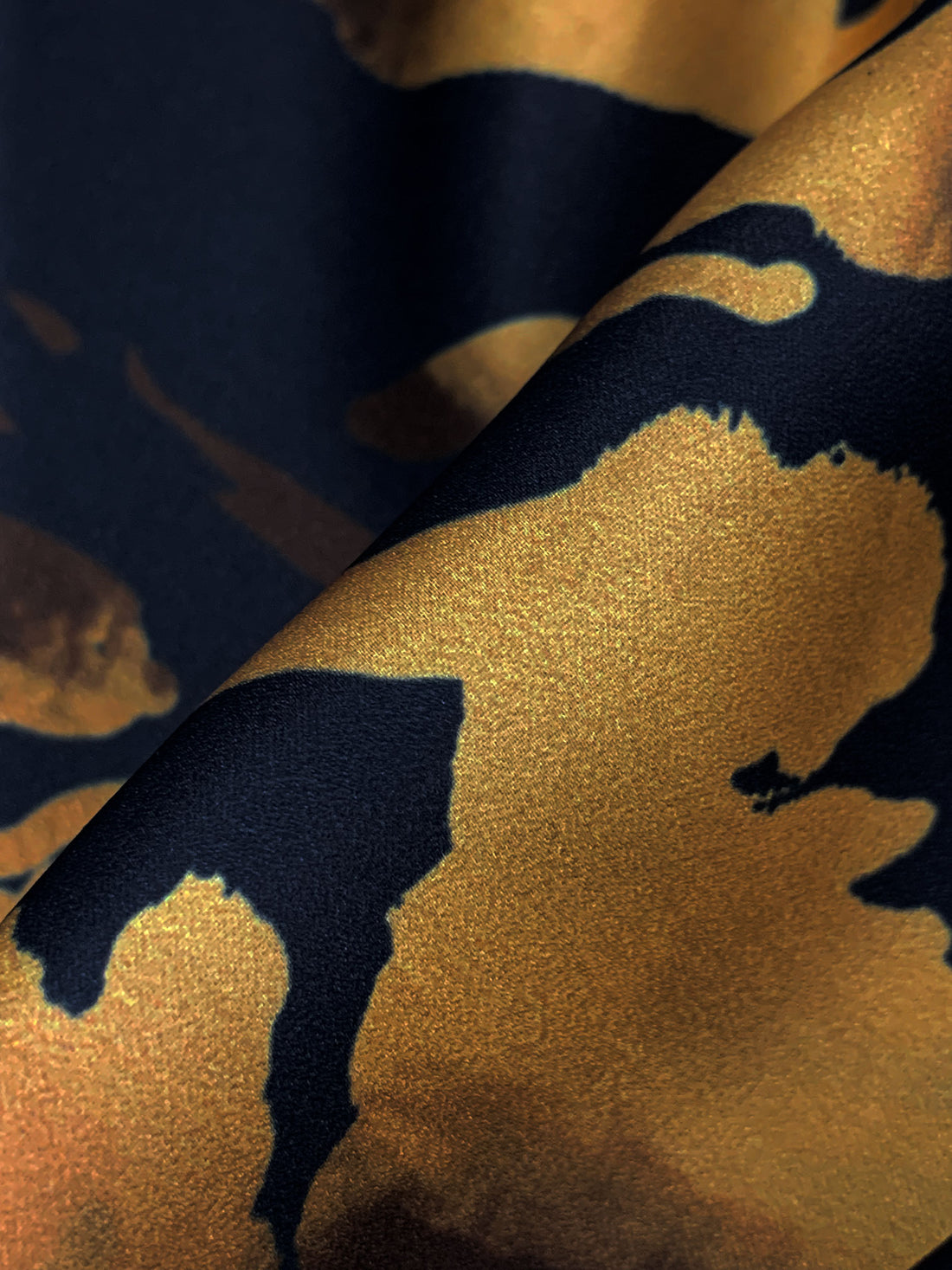 Midnight Prussian Blue/Aztec Gold 100% Polyester Abstract Print Charmeuse - Imported From Italy - 58W