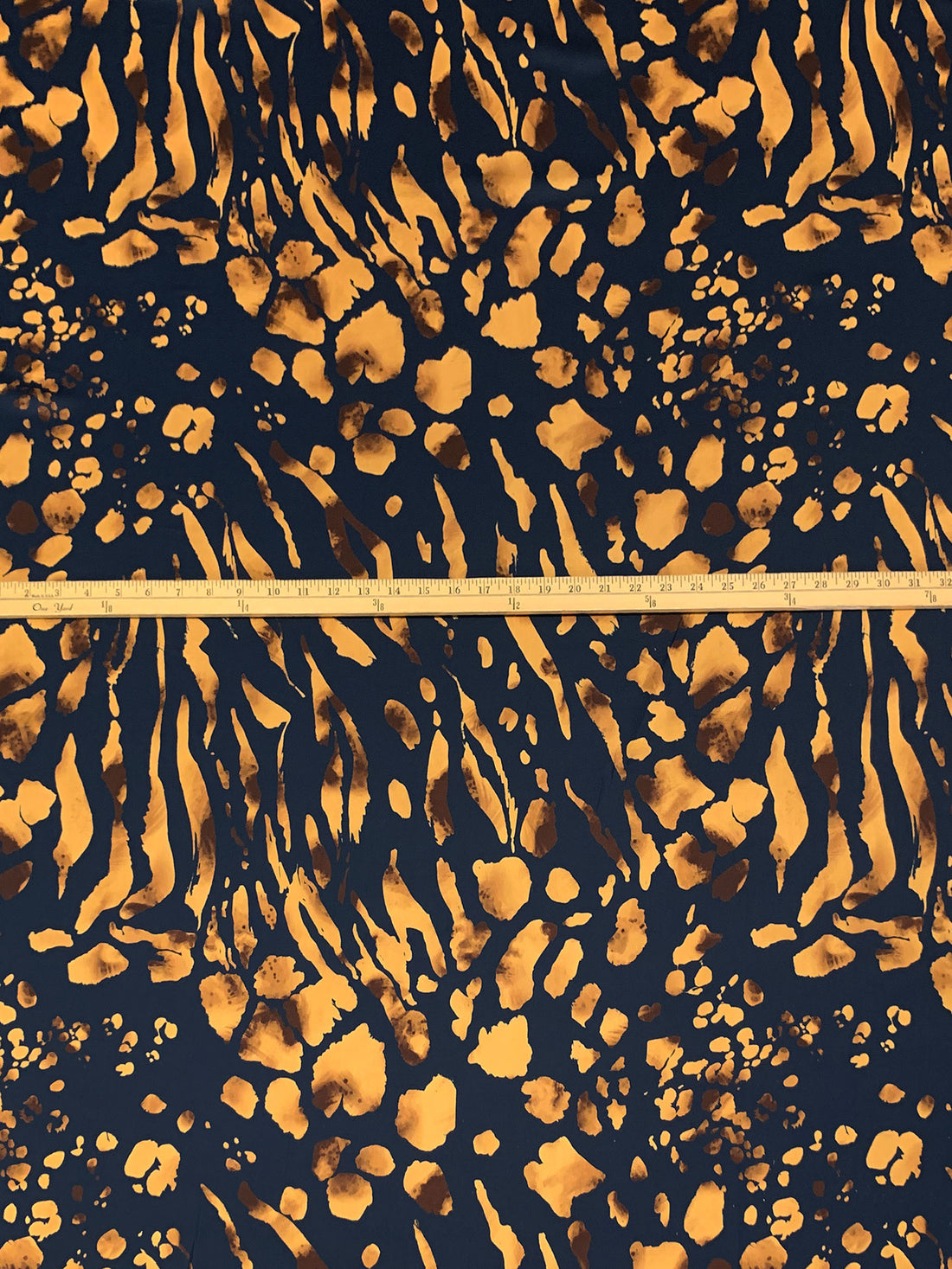 Midnight Prussian Blue/Aztec Gold 100% Polyester Abstract Print Charmeuse - Imported From Italy - 58W