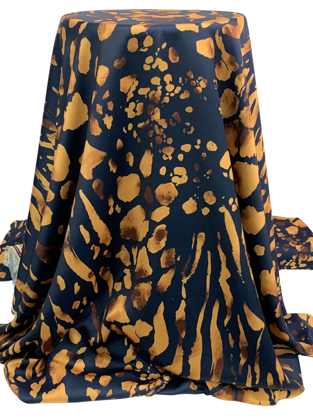 Midnight Prussian Blue/Aztec Gold 100% Polyester Abstract Print Charmeuse - Imported From Italy - 58W