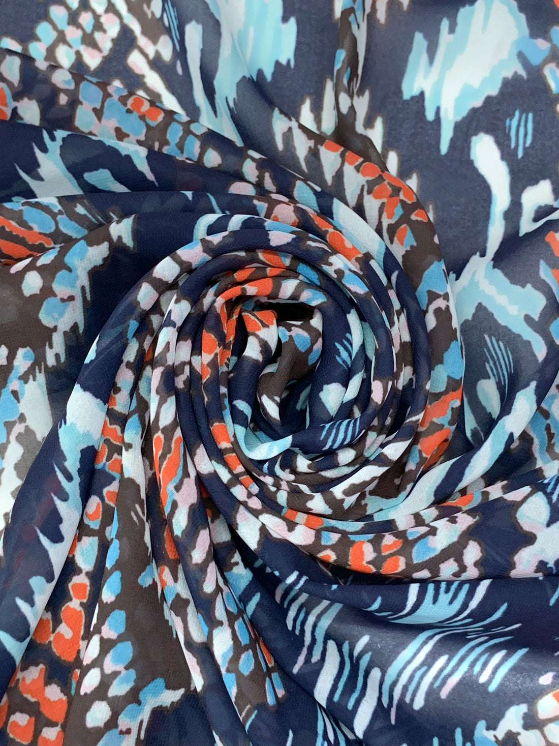Navy/Burnt Sienna/Blizzard Blue/Multi 100% Polyester Abstract Animal-Look Print Chiffon - Imported From Italy - 55W