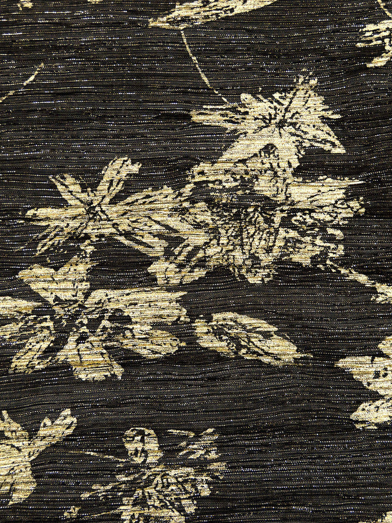 Black/Gold Polyester/Metallic/Lycra Floral Foil Print Pleated Sheer Knit - NY Designer - 54W