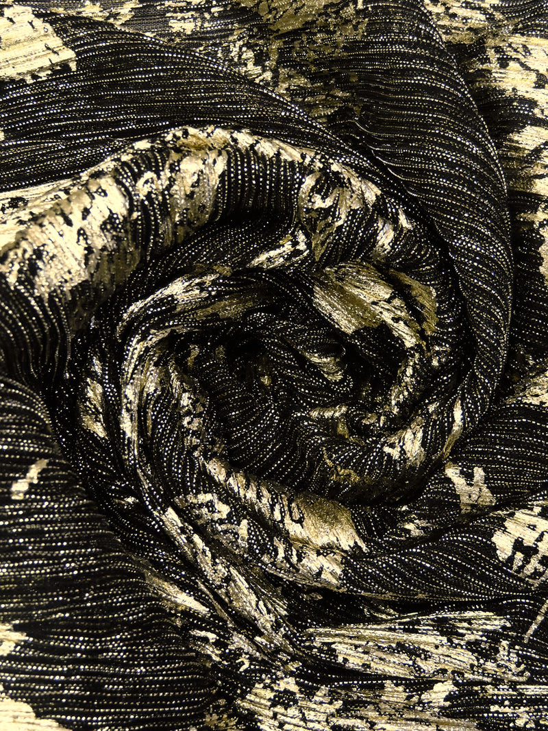 Black/Gold Polyester/Metallic/Lycra Floral Foil Print Pleated Sheer Knit - NY Designer - 54W