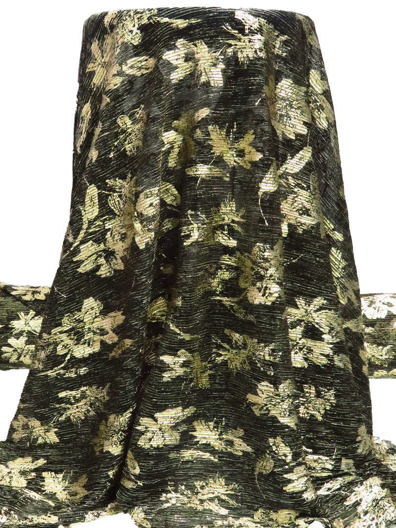 Black/Gold Polyester/Metallic/Lycra Floral Foil Print Pleated Sheer Knit - NY Designer - 54W