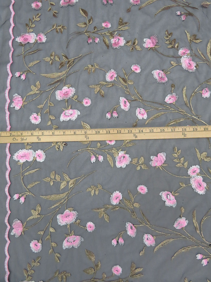 Bubblegum Pink/Black/Baby Bok Choy/Multi 100% Nylon Double Border Scalloped Embroidered Floral Netting - NY Designer - 56W