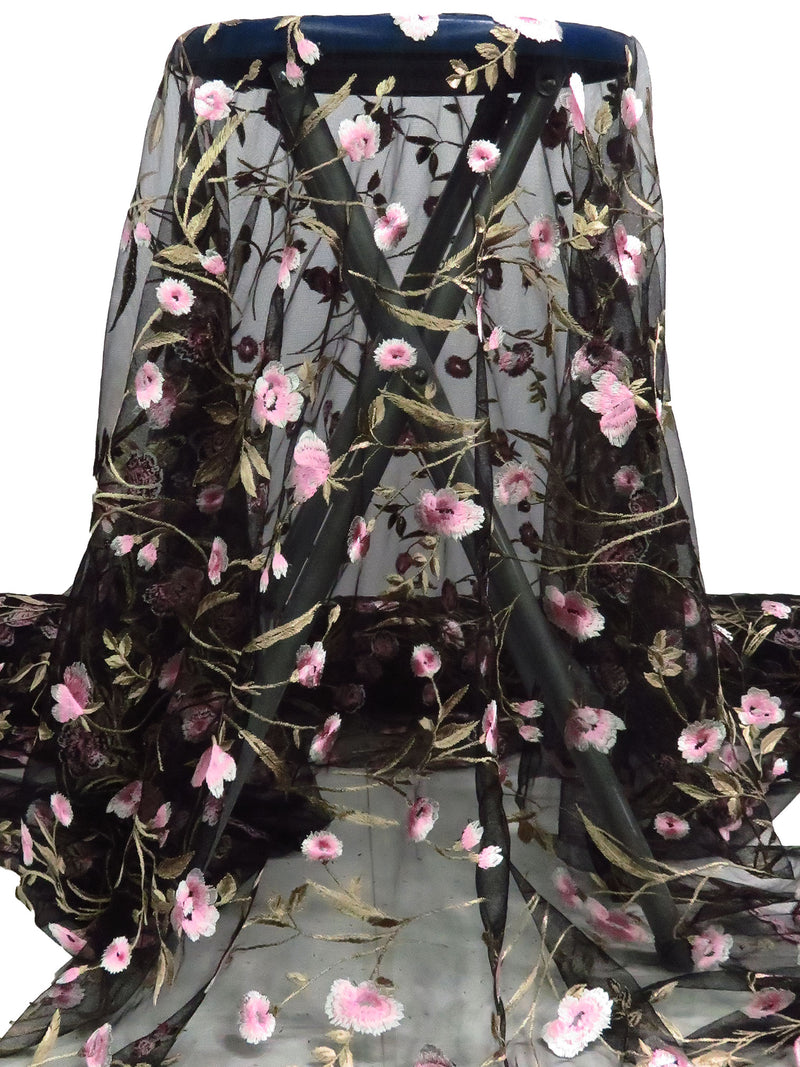 Bubblegum Pink/Black/Baby Bok Choy/Multi 100% Nylon Double Border Scalloped Embroidered Floral Netting - NY Designer - 56W