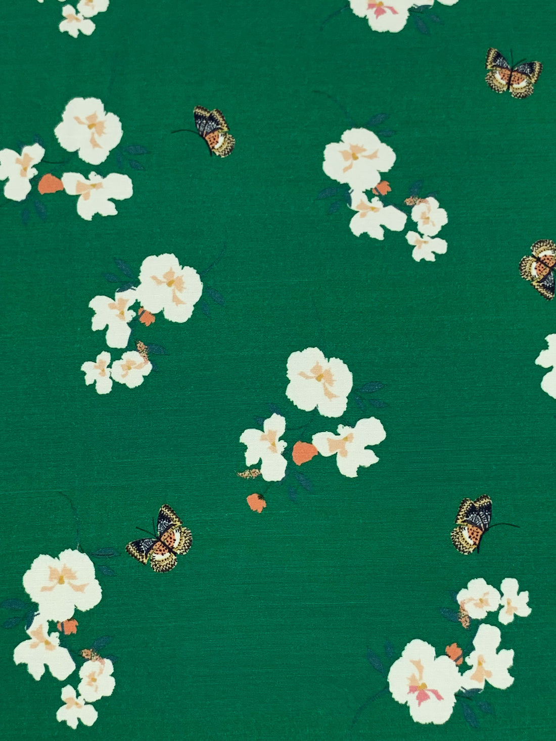 Deep Green/Raw Sienna/White/Multi 100% Rayon Butterfly Floral Print Crepe de Chine - NY Designer - 57W