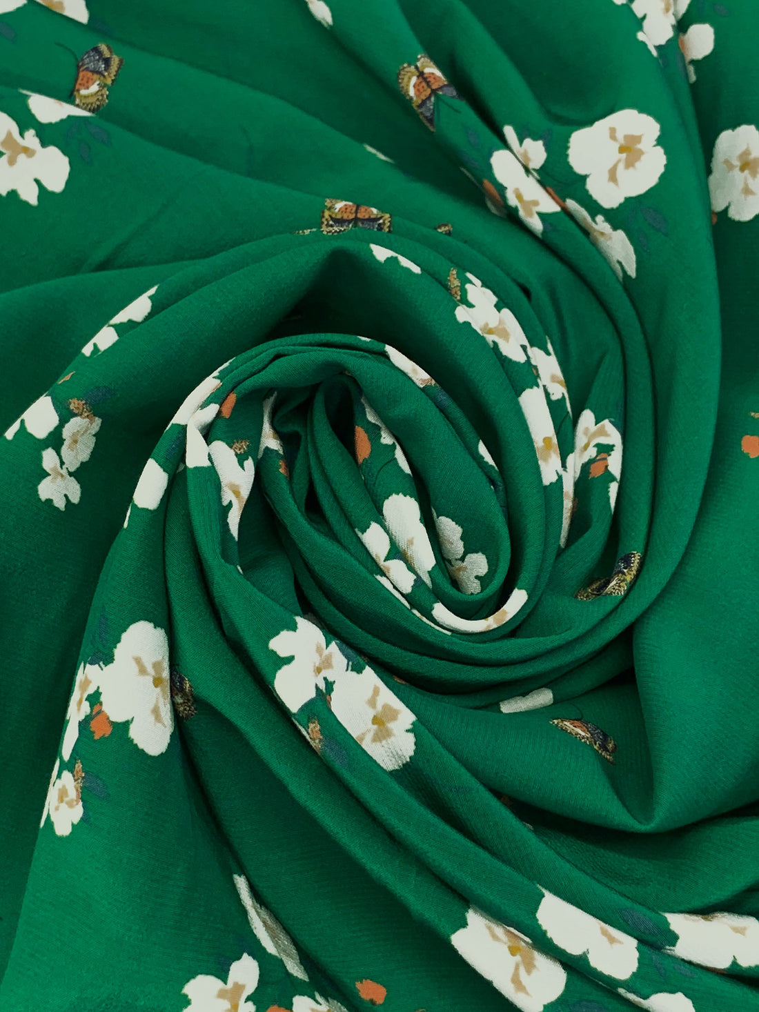 Deep Green/Raw Sienna/White/Multi 100% Rayon Butterfly Floral Print Crepe de Chine - NY Designer - 57W