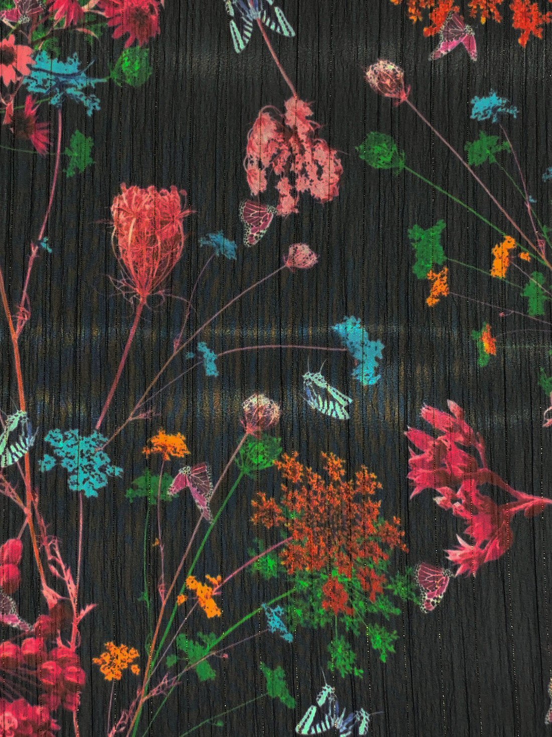 Black/Moonstone/Gold/Multi 100% Polyester Vertical Metallic Stripe Floral Print Crinkle Chiffon - Imported From Italy - 58W