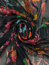 Black/Moonstone/Gold/Multi 100% Polyester Vertical Metallic Stripe Floral Print Crinkle Chiffon - Imported From Italy - 58W
