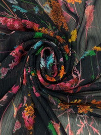 Black/Moonstone/Gold/Multi 100% Polyester Vertical Metallic Stripe Floral Print Crinkle Chiffon - Imported From Italy - 58W