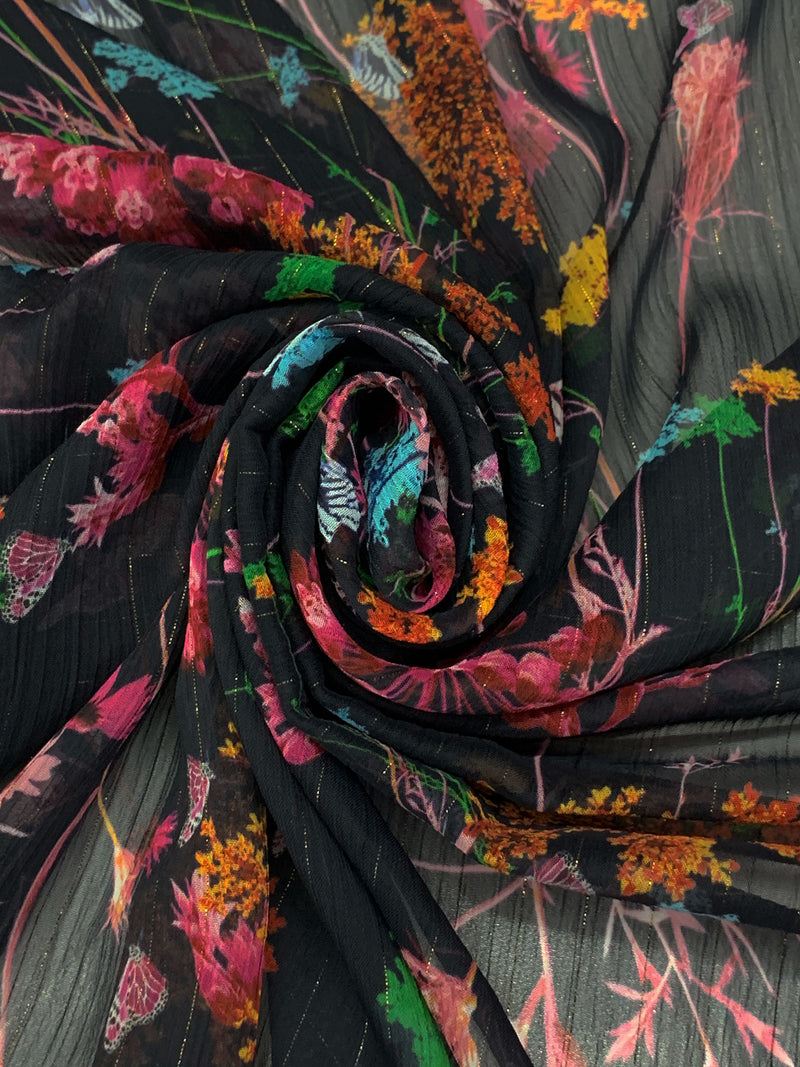 Black/Moonstone/Gold/Multi 100% Polyester Vertical Metallic Stripe Floral Print Crinkle Chiffon - Imported From Italy - 58W