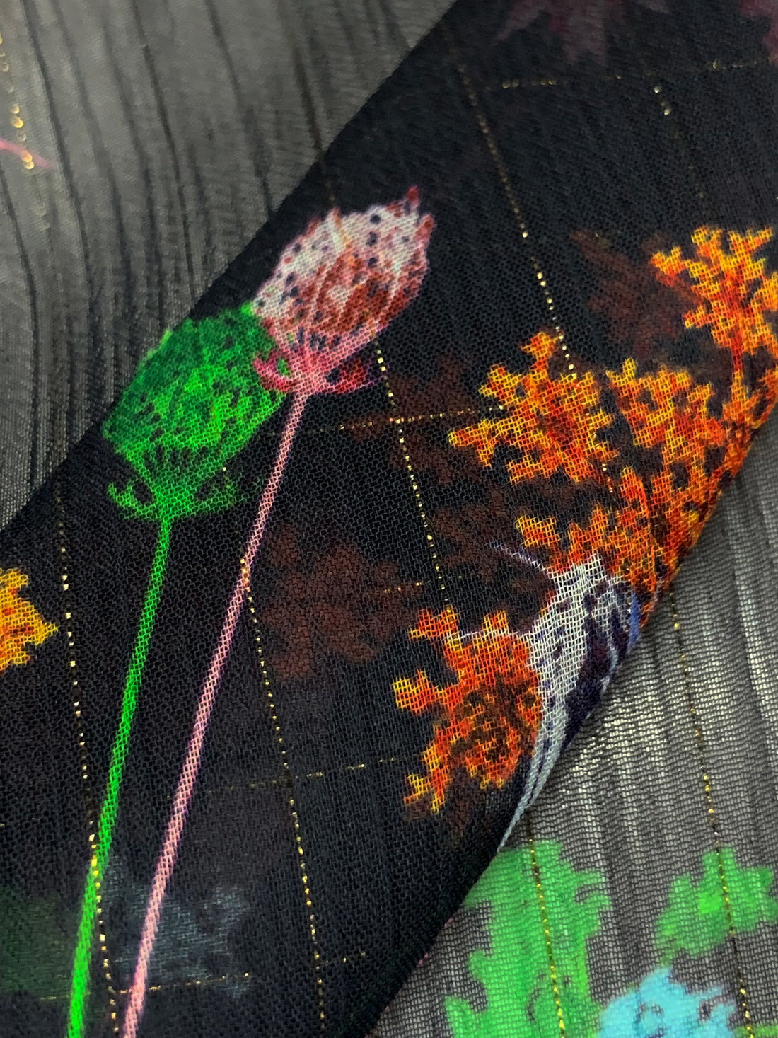 Black/Moonstone/Gold/Multi 100% Polyester Vertical Metallic Stripe Floral Print Crinkle Chiffon - Imported From Italy - 58W