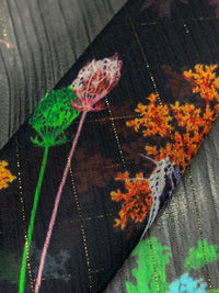 Black/Moonstone/Gold/Multi 100% Polyester Vertical Metallic Stripe Floral Print Crinkle Chiffon - Imported From Italy - 58W