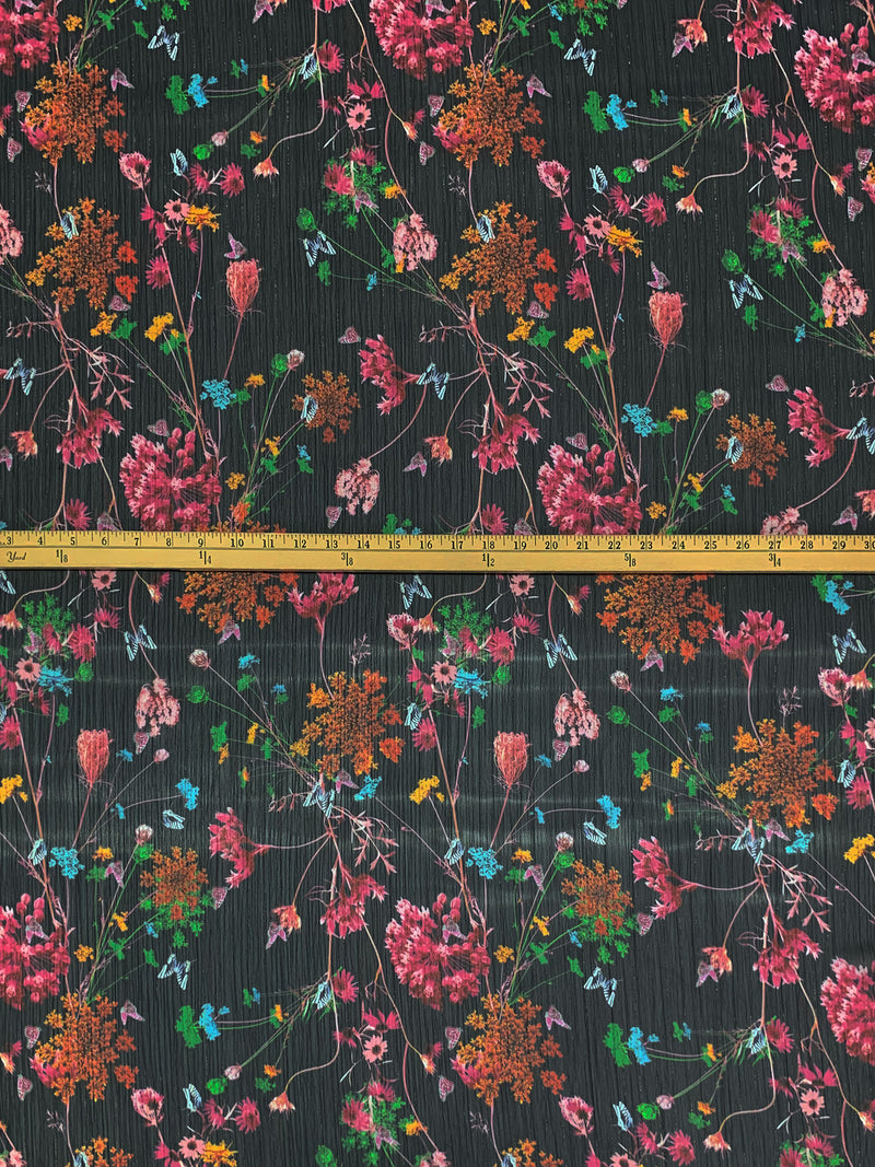 Black/Moonstone/Gold/Multi 100% Polyester Vertical Metallic Stripe Floral Print Crinkle Chiffon - Imported From Italy - 58W