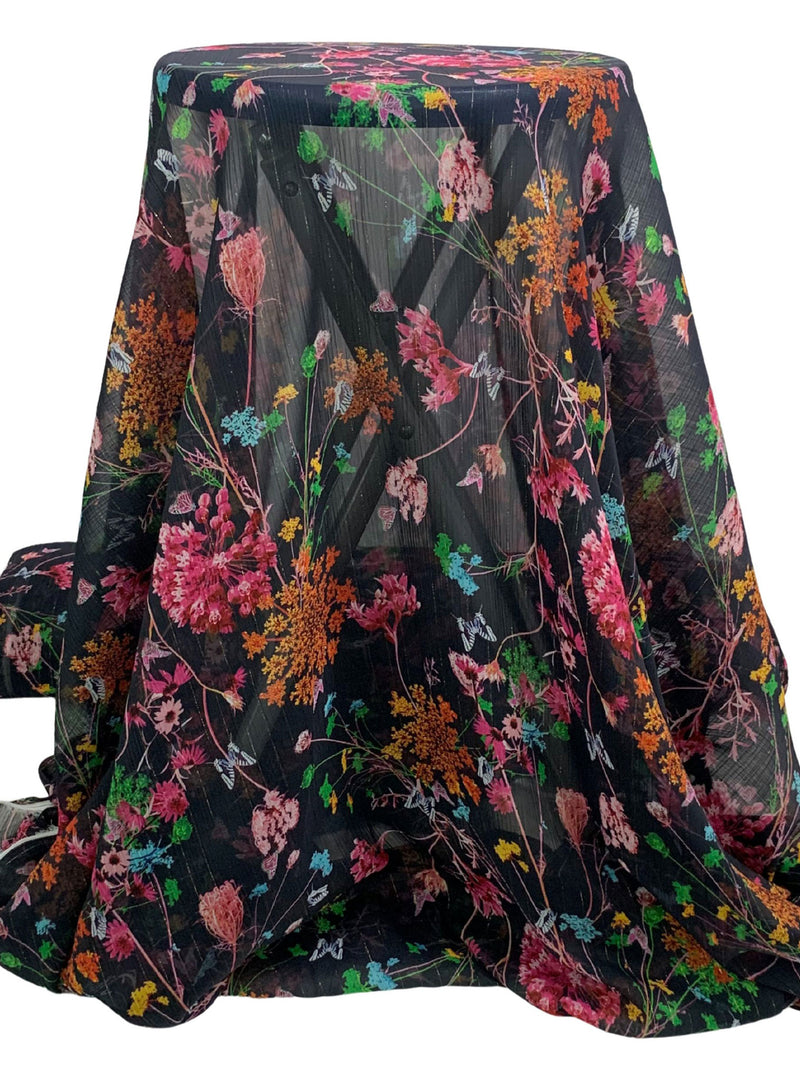 Black/Moonstone/Gold/Multi 100% Polyester Vertical Metallic Stripe Floral Print Crinkle Chiffon - Imported From Italy - 58W